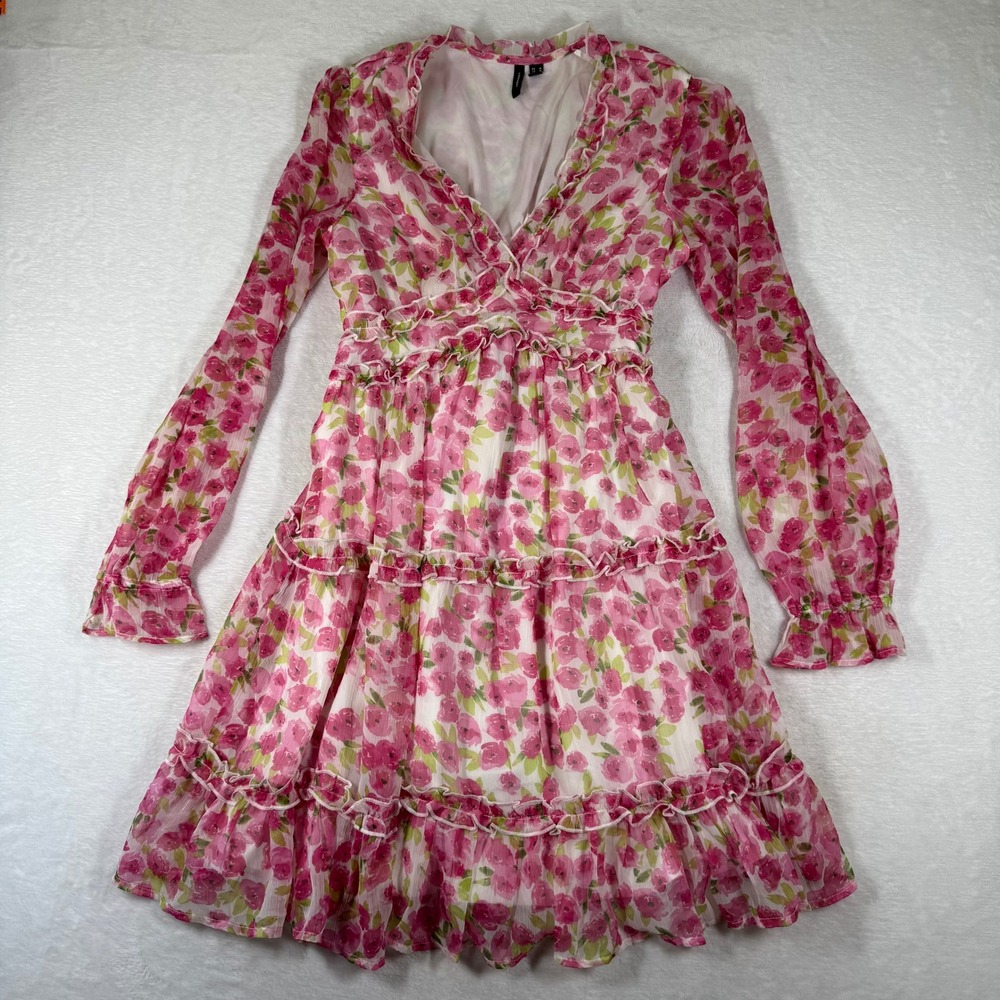 Vero Moda VMSMILLA Pink Floral Ruffle Mini Dress Long Sleeve V-Neck Size Medium